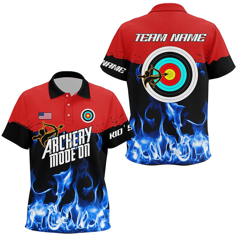 Personalized Red Blue Flame Archery Mode On Polo Shirts Custom Archery Team Shirts, Archery Team Shirts, Custom Archery Shirts