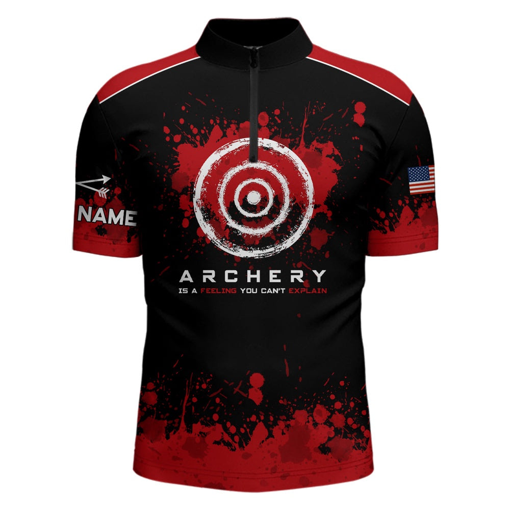 Personalized Red Painted US Flag Target Archery Quarter-Zip Shirts For Men, Arrows Archery Shirts, Archery Team Shirts, Custom Archery Shirts