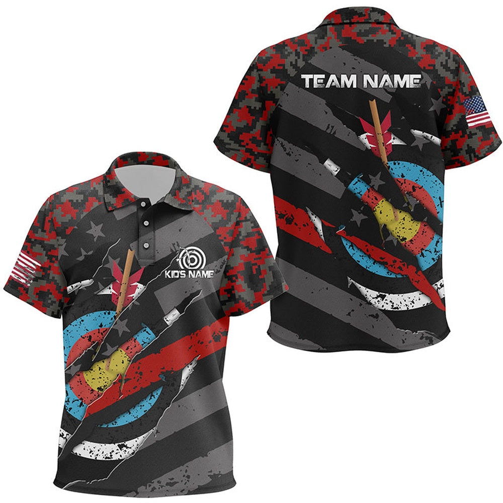 Personalized Red Retro Camo Target Archery Polo Shirts, Custom US Flag Archery Jerseys, Archery Team Shirts, Custom Archery Shirts