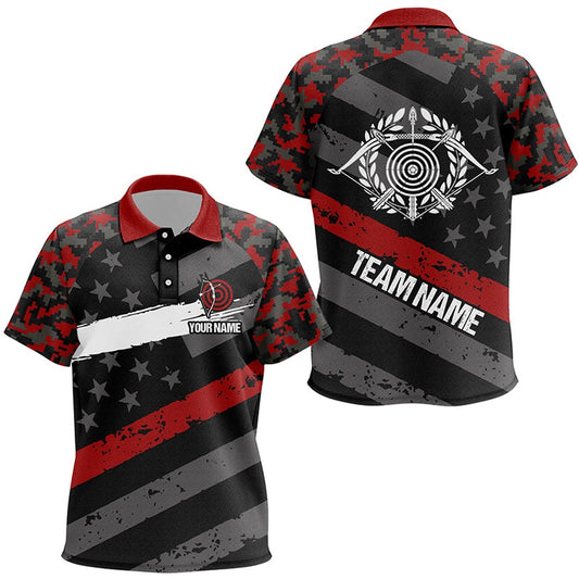 Personalized Red Retro US Flag Archery Polo Shirts, Custom Targets Archery Jerseys, Archery Team Shirts, Custom Archery Shirts