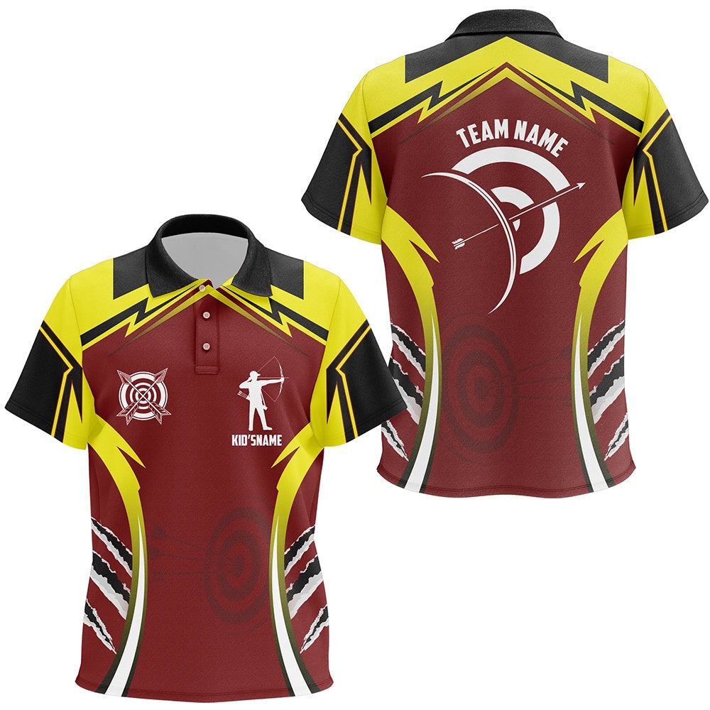 Personalized Red Yellow Archery Games Tournament Polo Shirts Custom Archery Jerseys For Team, Archery Team Shirts, Custom Archery Shirts