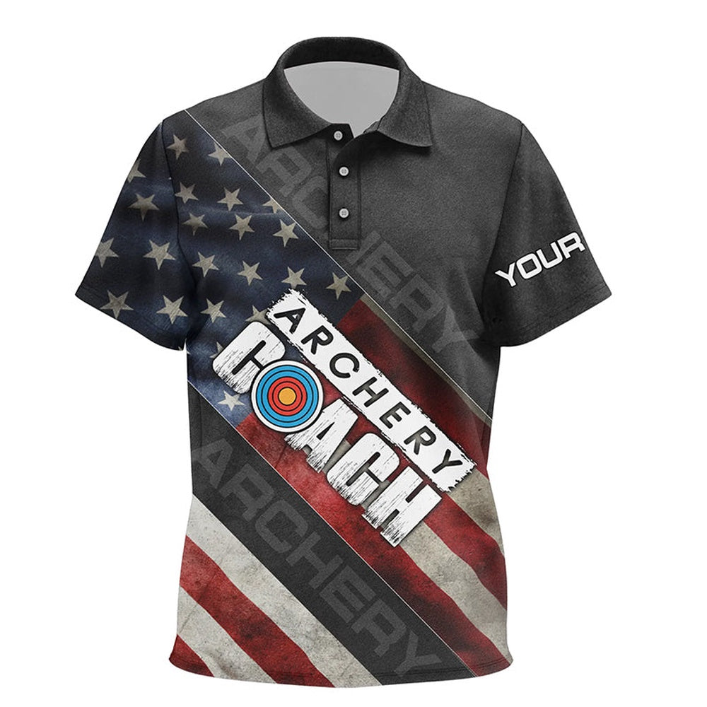 Personalized Retro American Flag Archery Coach Polo Shirts, Custom Target Archery Shirts, Archery Team Shirts, Custom Archery Shirts