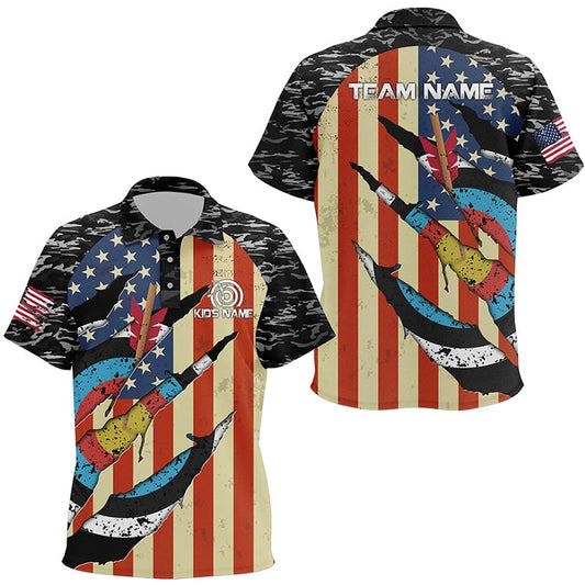 Personalized Retro Camo Target Archery Polo Shirts, Custom US Flag Archery Jerseys, Archery Team Shirts, Custom Archery Shirts