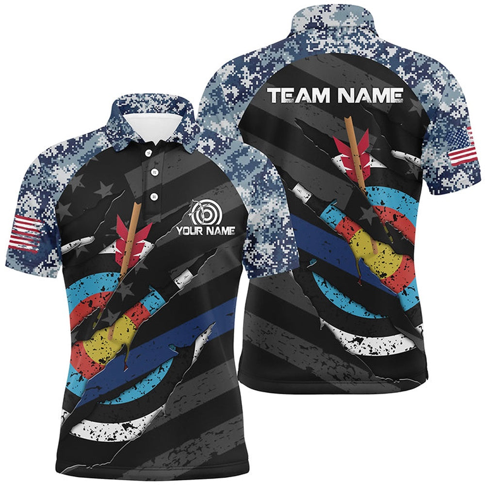 Personalized Retro Camo Target Archery Polo Shirts For Men, Custom US Flag Archery Jerseys, Archery Team Shirts, Custom Archery Shirts