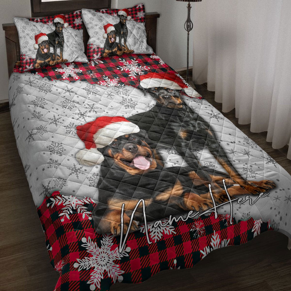 Personalized Rottweiler Quilt Set, Christmas Red Plaid Rottweiler Snowflakes Quilt Blanket