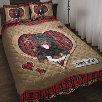 Personalized Rottweiler Quilt Set, Rottweilermas Heart Red Plaid Quilt Blanket