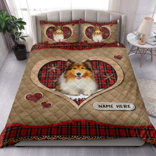 Personalized Rough Collie Quilt Set, Rough Colliemas Heart Red Plaid Quilt Blanket