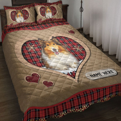 Personalized Rough Collie Quilt Set, Rough Colliemas Heart Red Plaid Quilt Blanket