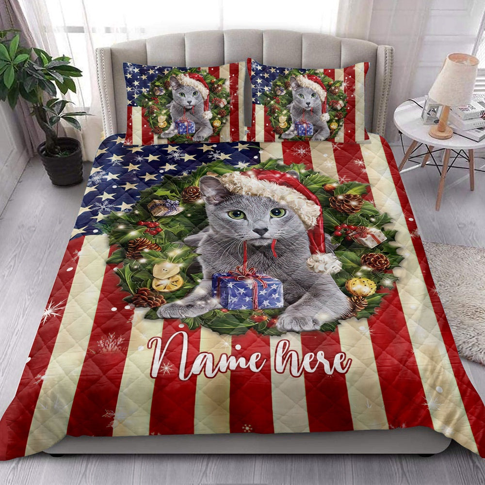 Personalized Russian Blue Quilt Set, R Ussian Cat Wearingmas Hat Wreath Quilt Blanket