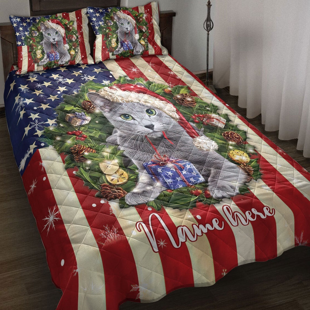 Personalized Russian Blue Quilt Set, R Ussian Cat Wearingmas Hat Wreath Quilt Blanket