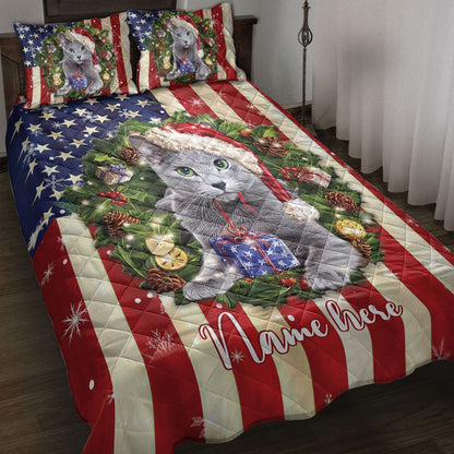Personalized Russian Blue Quilt Set, R Ussian Cat Wearingmas Hat Wreath Quilt Blanket