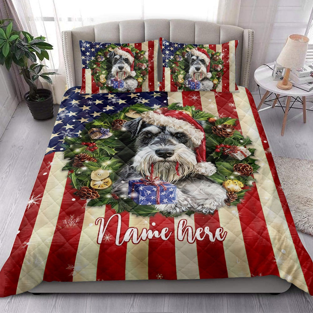 Personalized Schnauzer Quilt Set, Schnauzer Wearingmas Hat Wreath Quilt Blanket