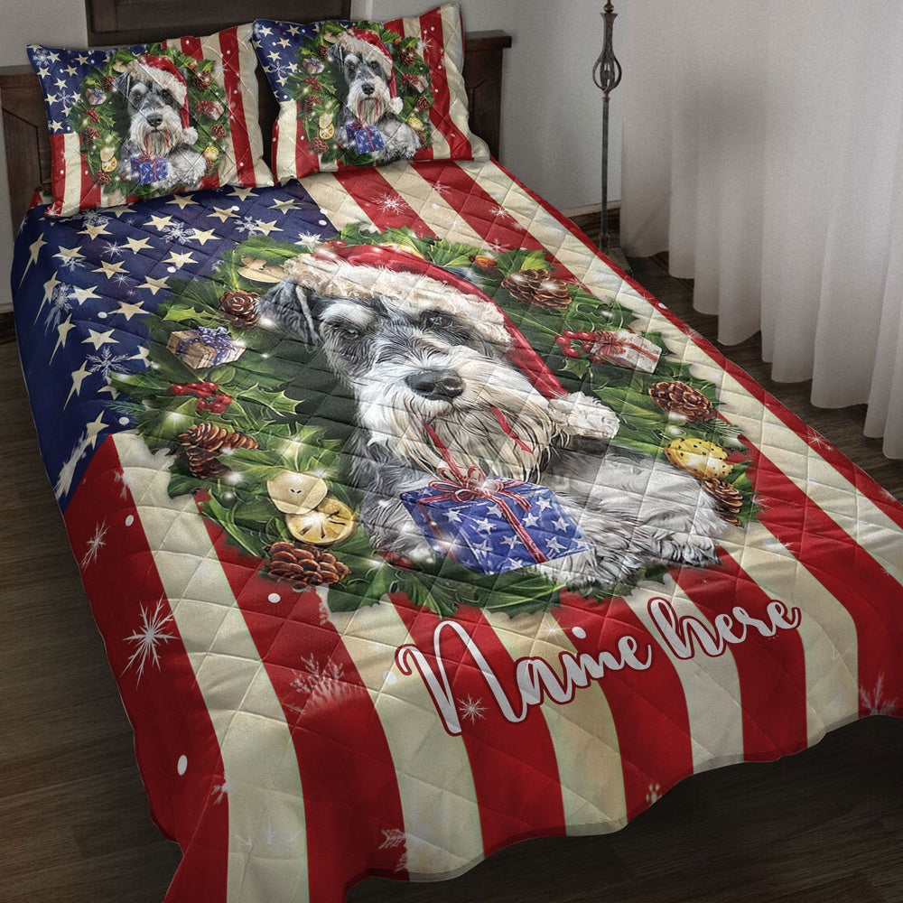 Personalized Schnauzer Quilt Set, Schnauzer Wearingmas Hat Wreath Quilt Blanket