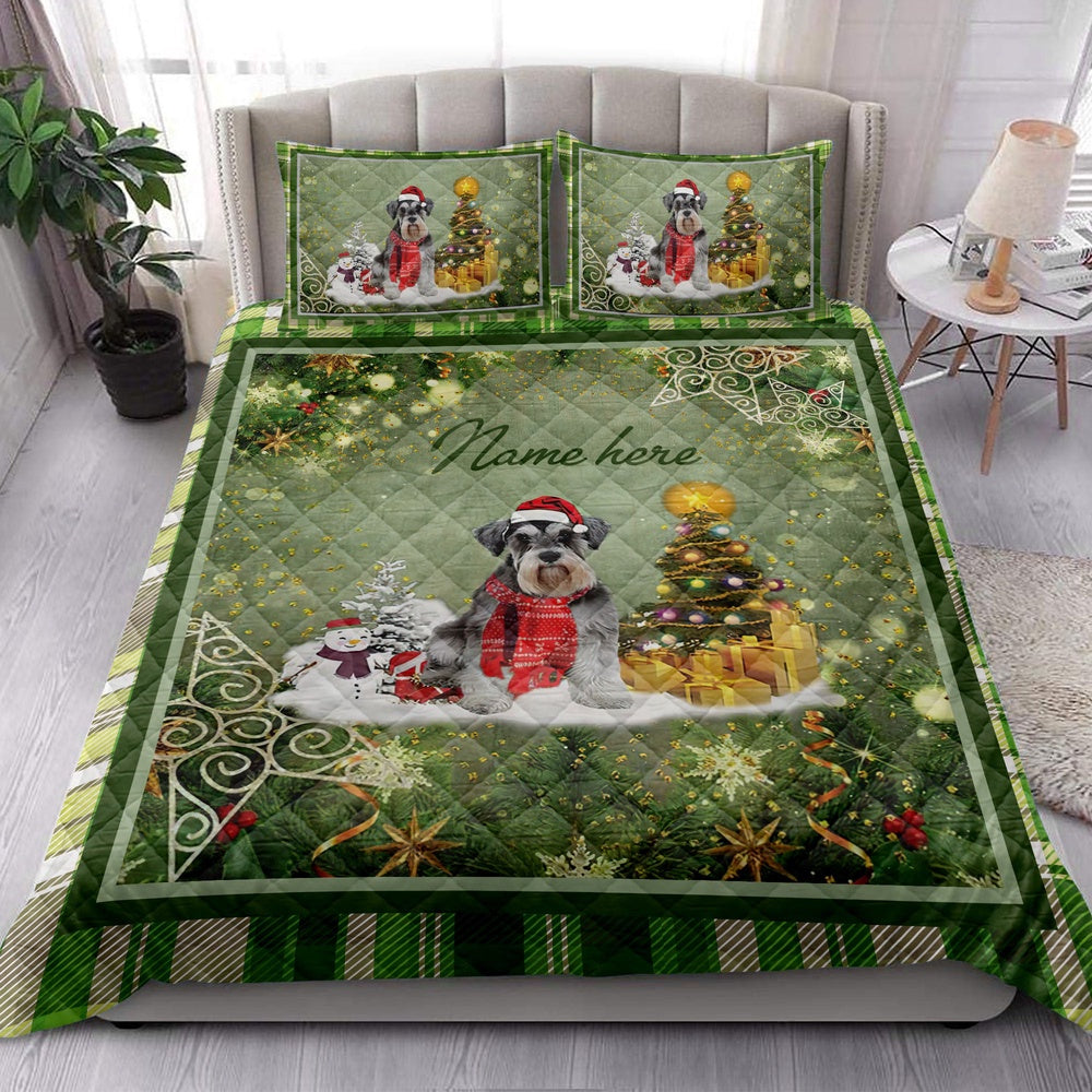 Personalized Schnauzer Quilt Set, Schnauzermas Tree String Lights Quilt Blanket