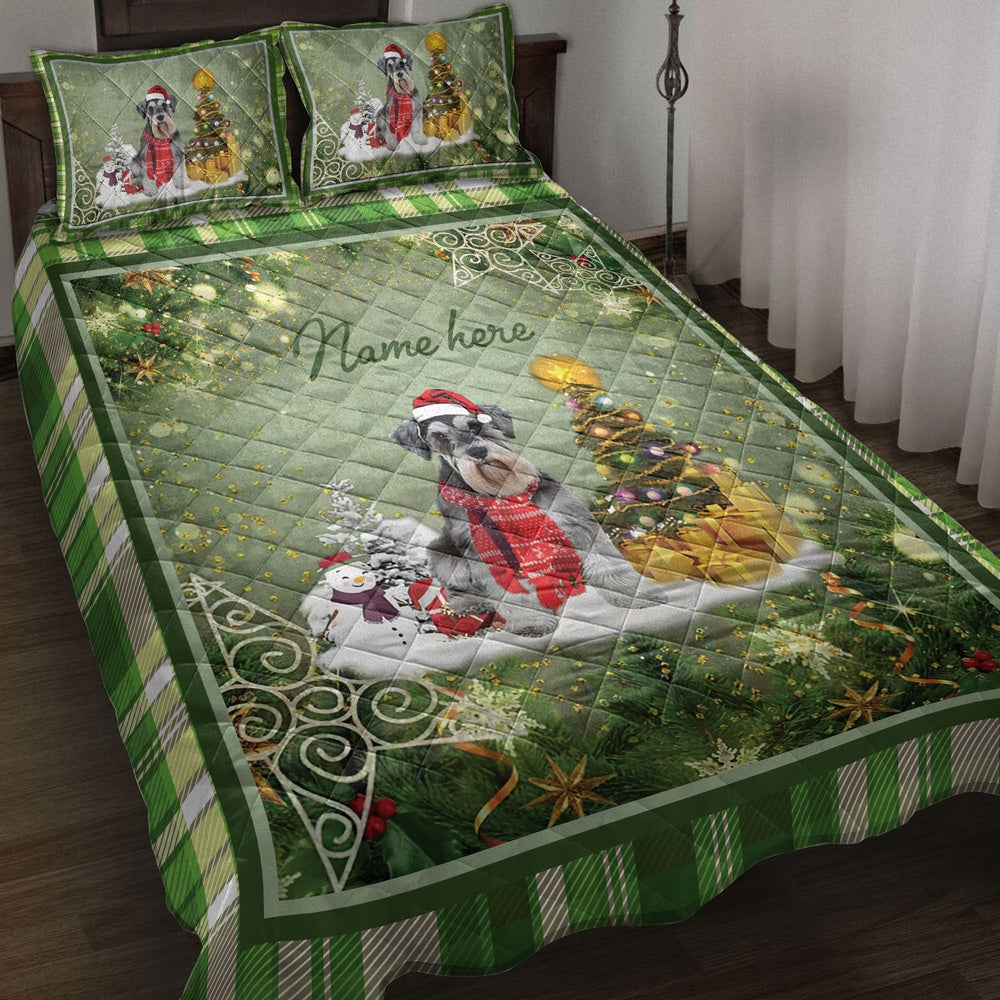 Personalized Schnauzer Quilt Set, Schnauzermas Tree String Lights Quilt Blanket