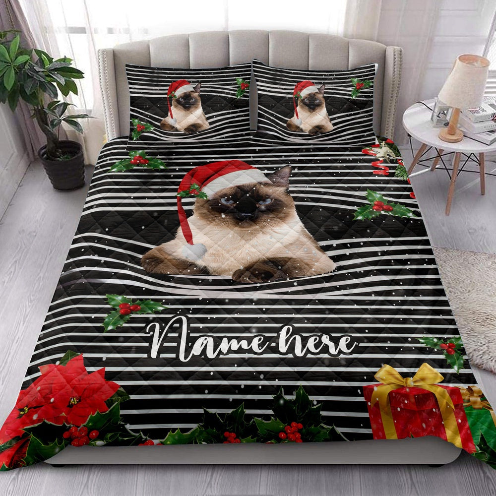Personalized Siamese Quilt Set, Siamesemas Striped With Santa Hat Quilt Blanket
