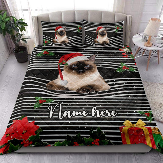 Personalized Siamese Quilt Set, Siamesemas Striped With Santa Hat Quilt Blanket