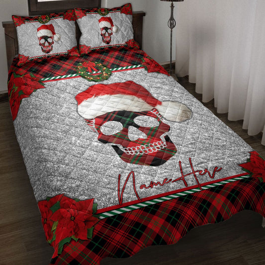 Personalized Skull Quilt Set, Skull With Santa Hat Red Plaid Quilt Blanket