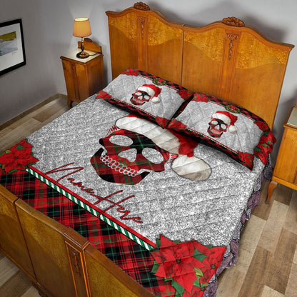 Personalized Skull Quilt Set, Skull With Santa Hat Red Plaid Quilt Blanket