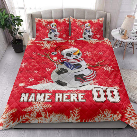 Personalized Soccer Quilt Set, Soccer Snowmanmas Quilt Blanket, Custom Name And Number Quilt Bedding Set