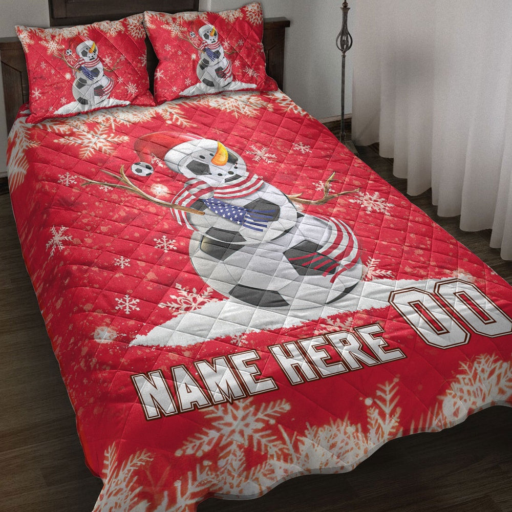 Personalized Soccer Quilt Set, Soccer Snowmanmas Quilt Blanket, Custom Name And Number Quilt Bedding Set