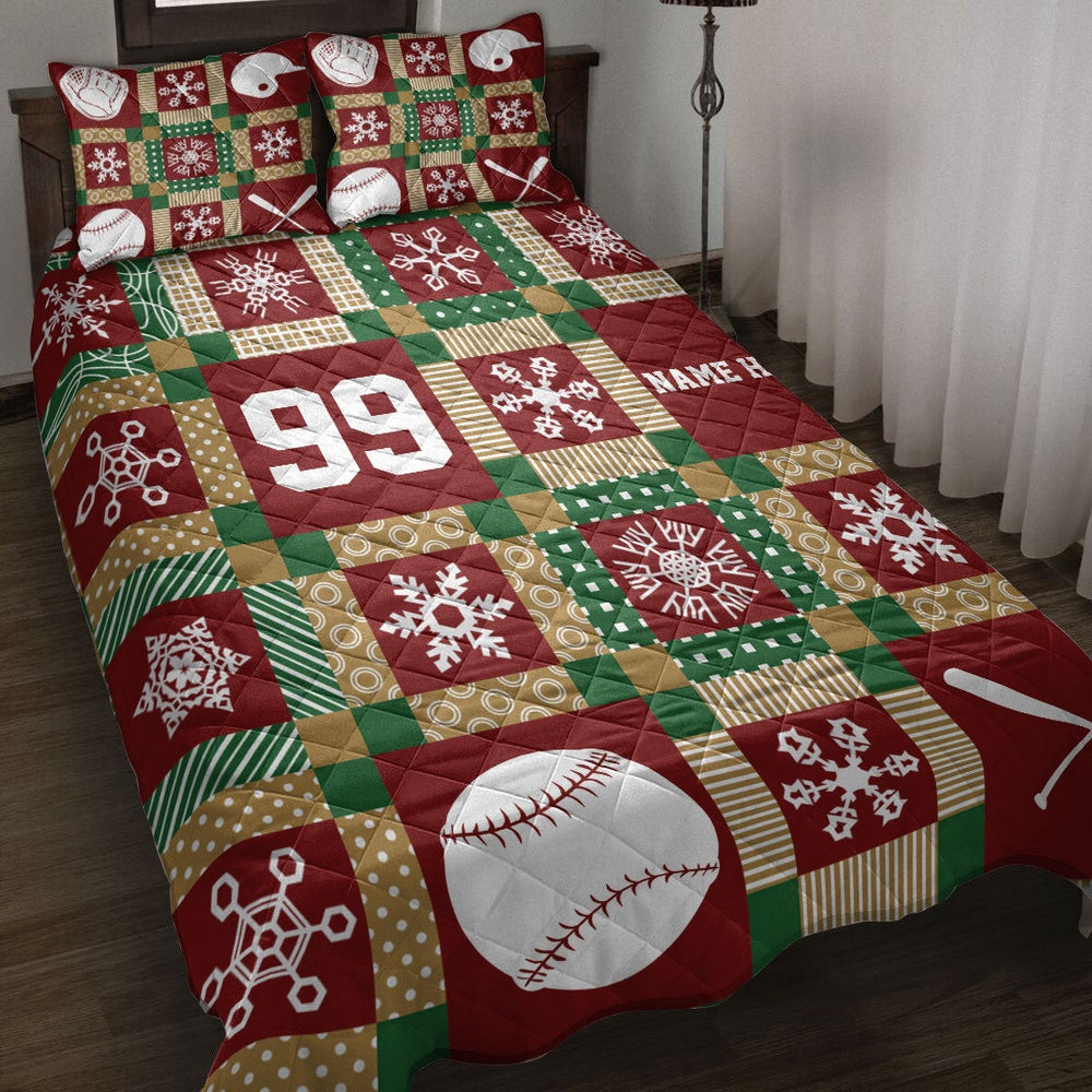 Personalized Softball Quilt Set, Christmas Patchwork Softball Xmas Quilt Blanket