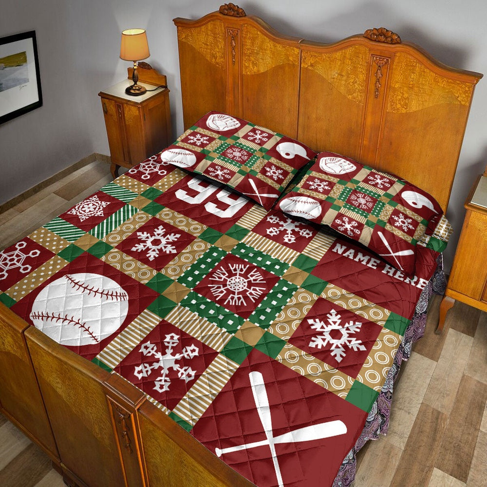 Personalized Softball Quilt Set, Christmas Patchwork Softball Xmas Quilt Blanket