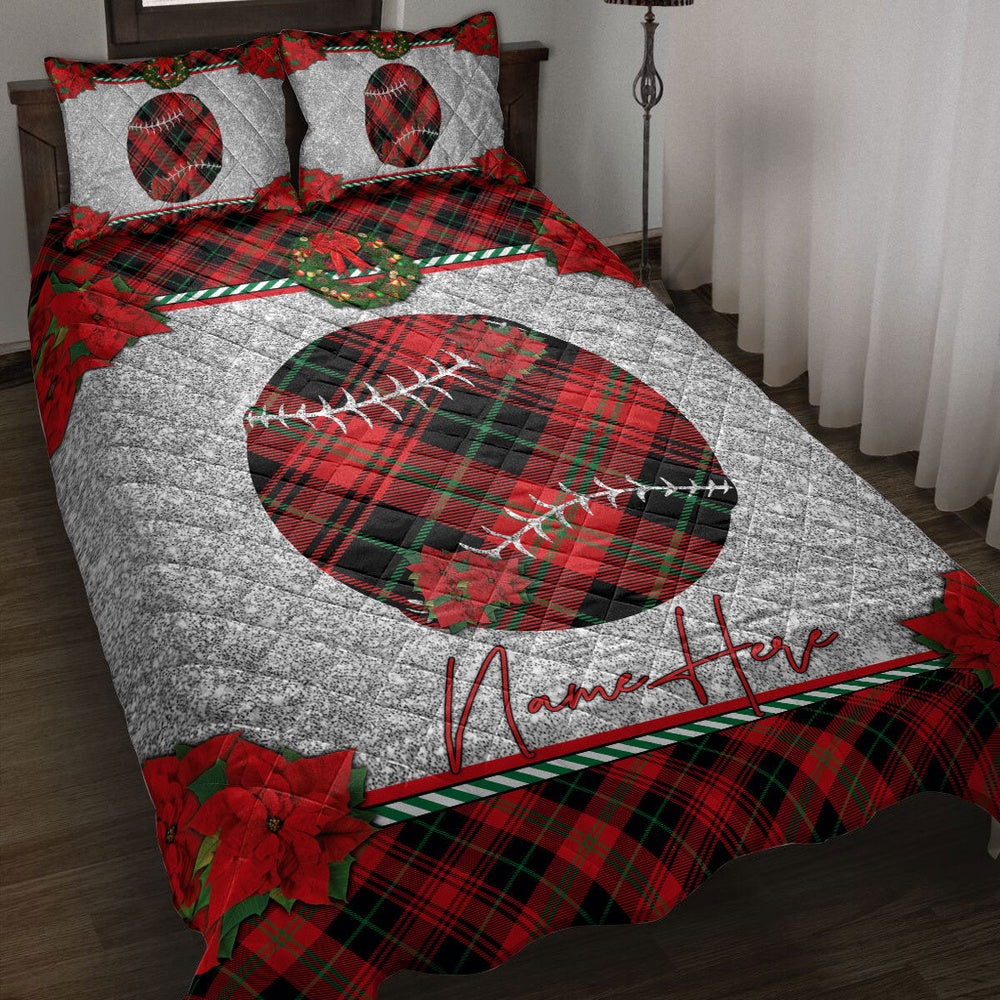 Personalized Softball Quilt Set, Christmas Red Plaid Softballmas Holiday Quilt Blanket