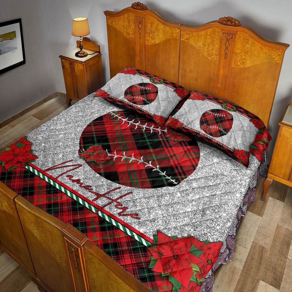 Personalized Softball Quilt Set, Christmas Red Plaid Softballmas Holiday Quilt Blanket