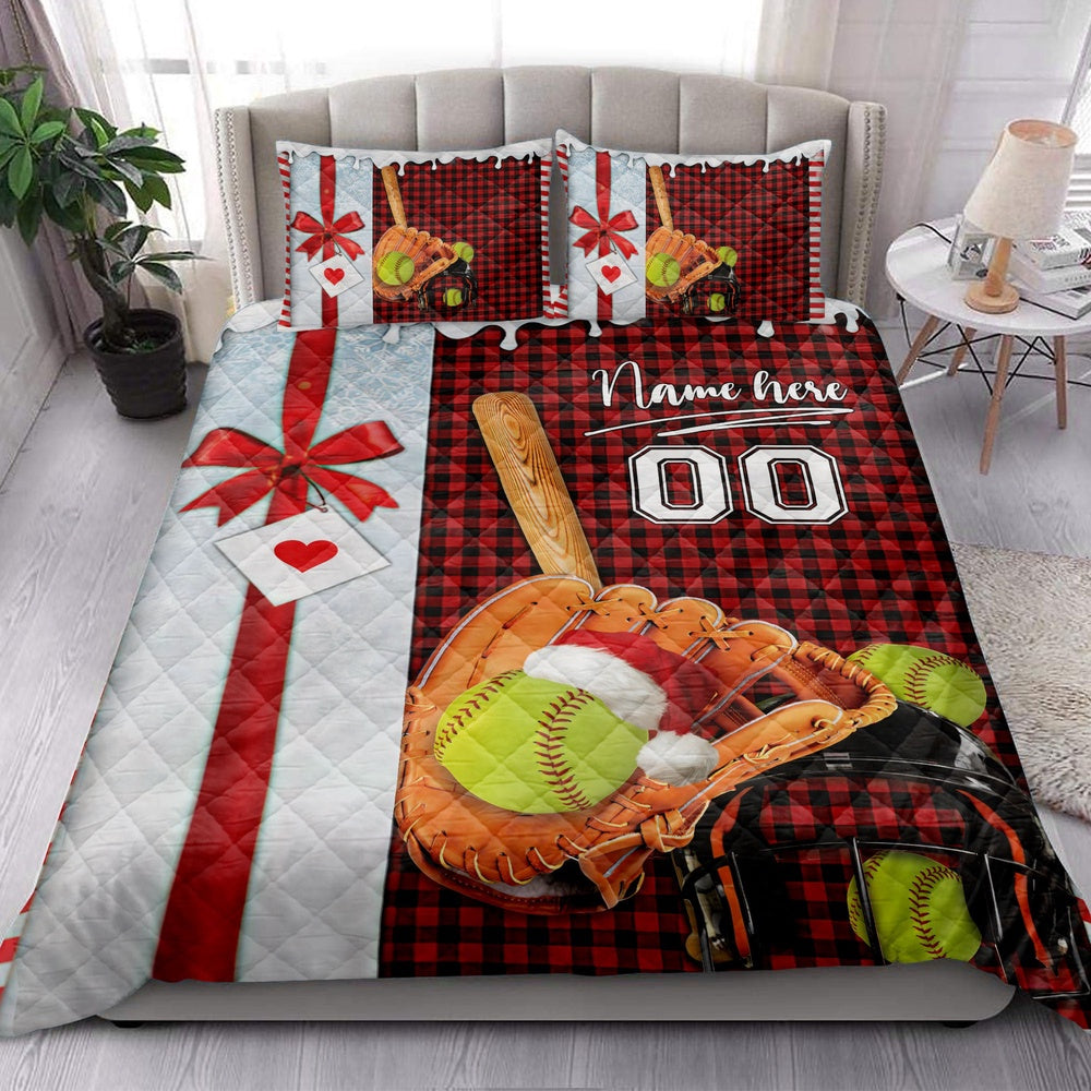 Personalized Softball Quilt Set, Softball Santa Hat Withmas Quilt Blanket, Custom Name And Number Quilt Bedding Set