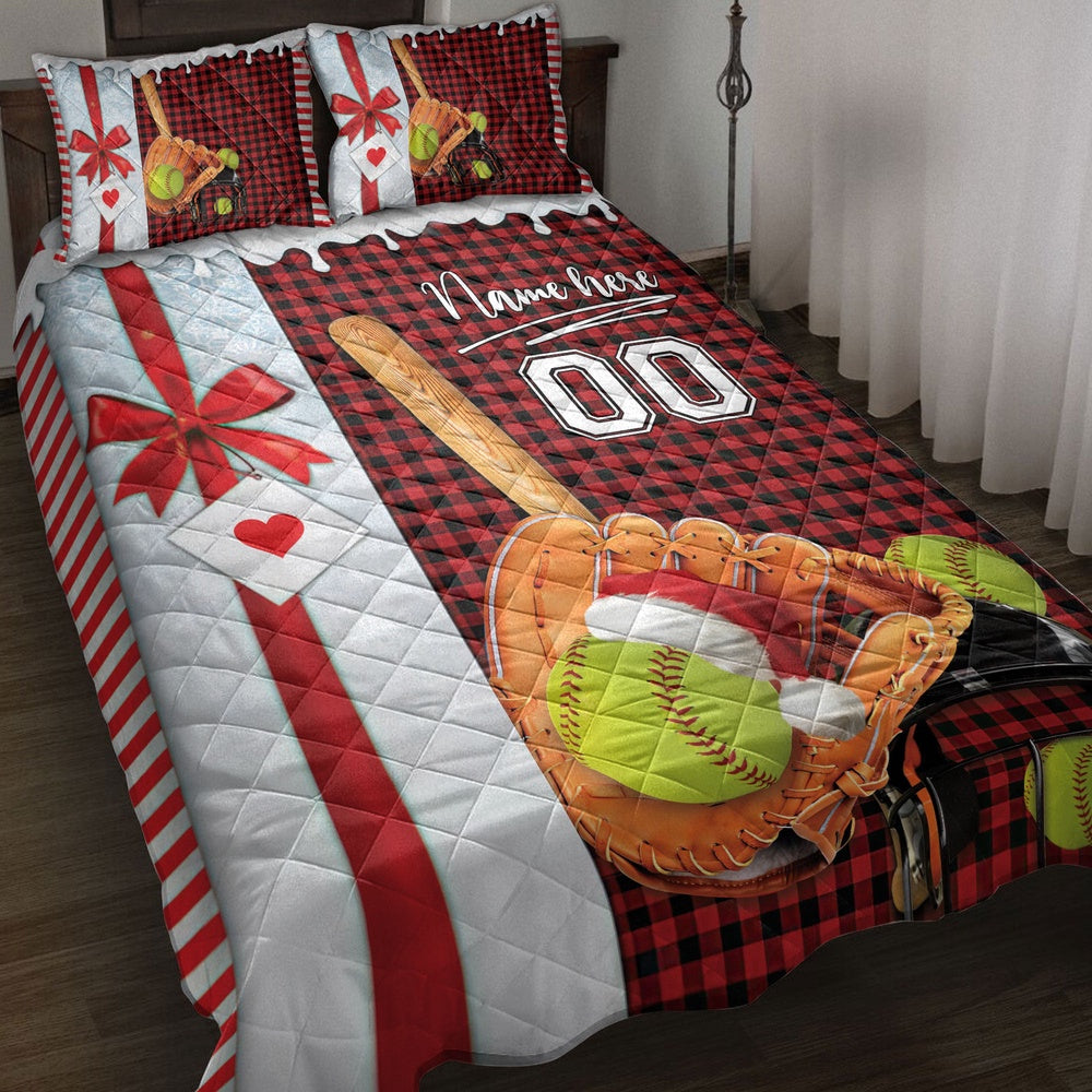 Personalized Softball Quilt Set, Softball Santa Hat Withmas Quilt Blanket, Custom Name And Number Quilt Bedding Set