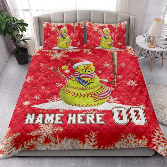 Personalized Softball Quilt Set, Softball Snowmanmas Quilt Blanket, Custom Name And Number Quilt Bedding Set