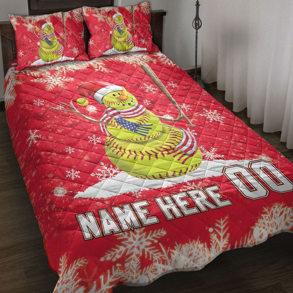Personalized Softball Quilt Set, Softball Snowmanmas Quilt Blanket, Custom Name And Number Quilt Bedding Set