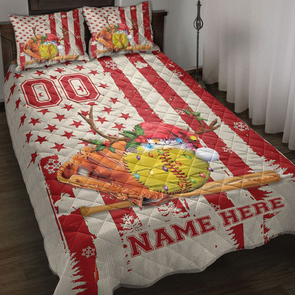 Personalized Softball Quilt Set, Softballmas Hat String Light Quilt Blanket, Custom Name And Number Quilt Bedding Set