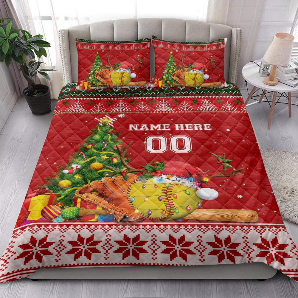 Personalized Softball Quilt Set, Softballmas Tree String Light Quilt Blanket, And Number Bedding
