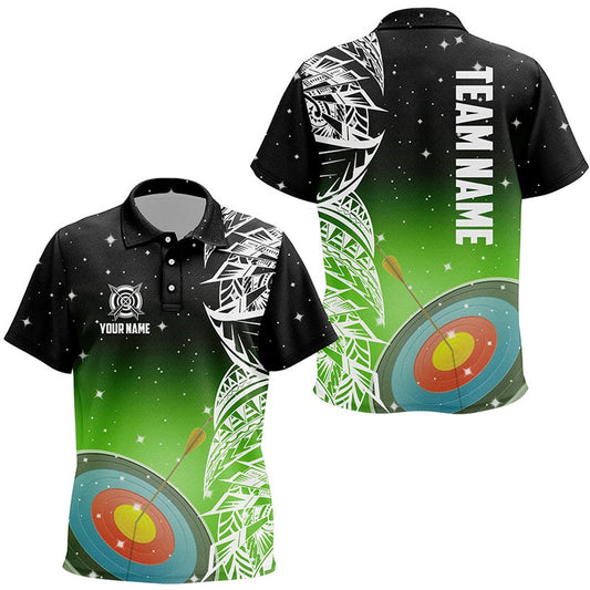 Personalized Target Archery Green Galaxy Pattern Polo Shirts, Team League Archery Jerseys, Archery Team Shirts, Custom Archery Shirts