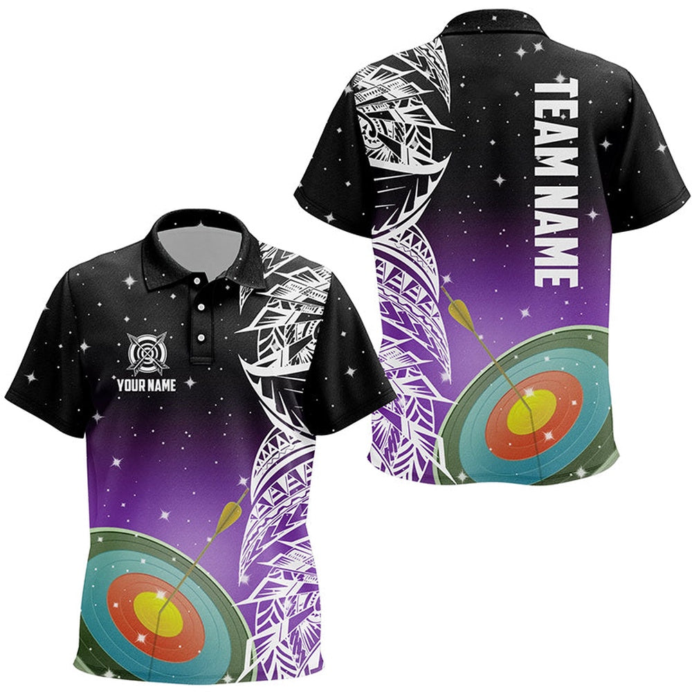 Personalized Target Archery Purple Galaxy Pattern Polo Shirts, Team League Archery Jerseys, Archery Team Shirts, Custom Archery Shirts