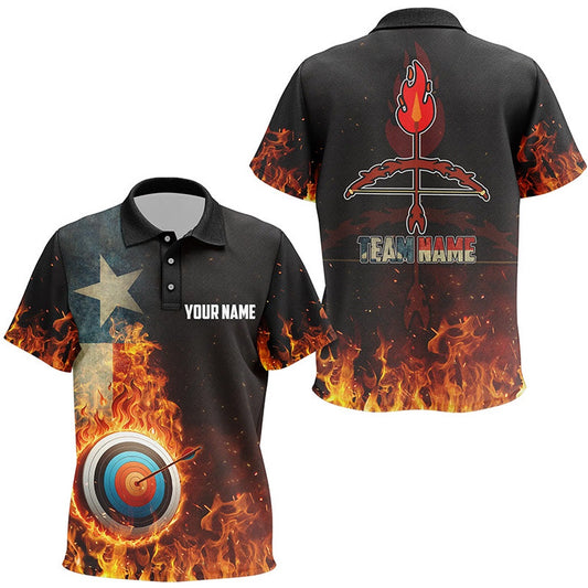 Personalized Texas Flag Flaming Target Archery Polo Shirts, Fire Arrow Archery Jerseys, Archery Team Shirts, Custom Archery Shirts
