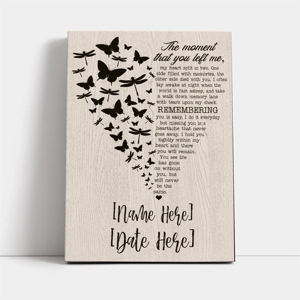 Personalized The Moment That You Left Me Butterflies Dragonflies Heart Wood Canvas, Mother's Day Canvas Art, Gift For Mom, Mother's Day Wall Art
