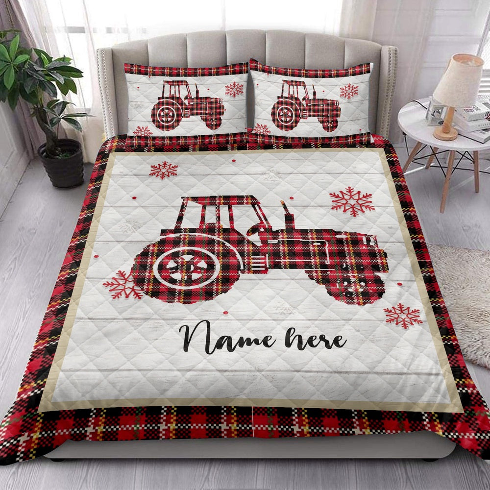 Personalized Tractor Quilt Set, Christmas Tractor Snowflake Red Plaid Quilt Blanket