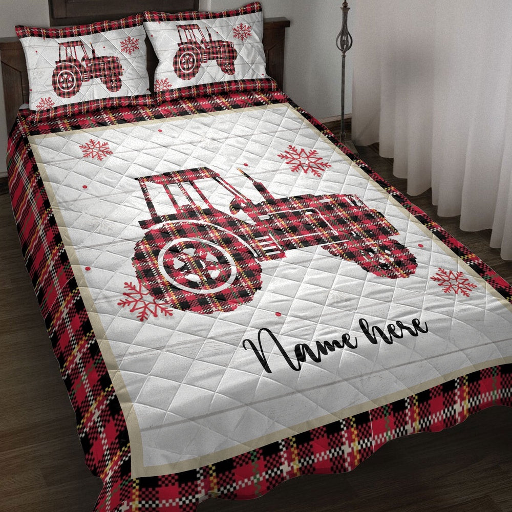 Personalized Tractor Quilt Set, Christmas Tractor Snowflake Red Plaid Quilt Blanket