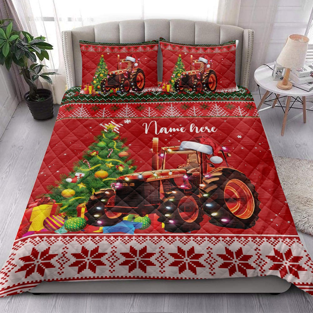 Personalized Tractor Quilt Set, Red Tractormas Hat Farm Country Quilt Blanket