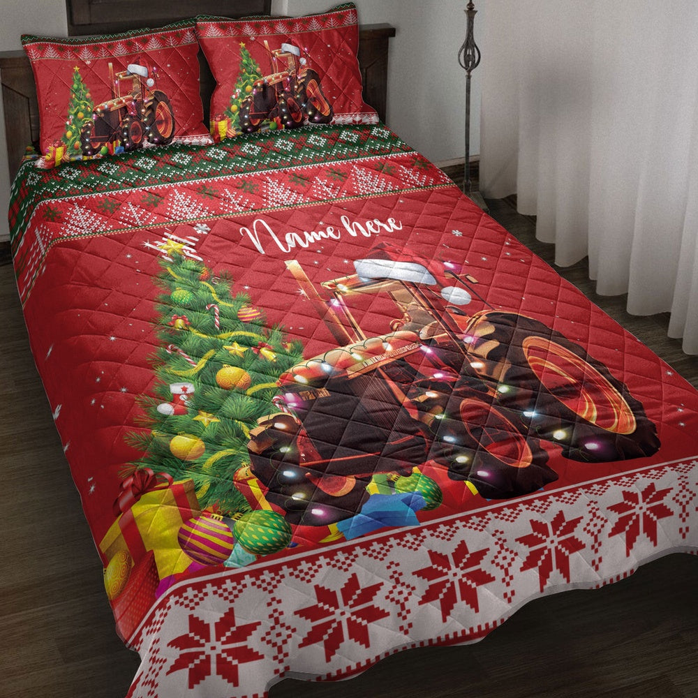Personalized Tractor Quilt Set, Red Tractormas Hat Farm Country Quilt Blanket