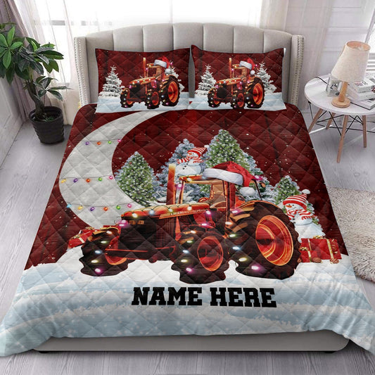 Personalized Tractor Quilt Set, Red Tractormas Hat String Lights Quilt Blanket