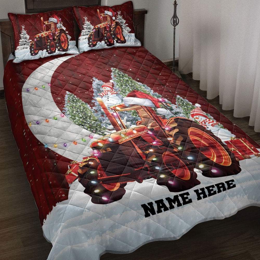 Personalized Tractor Quilt Set, Red Tractormas Hat String Lights Quilt Blanket