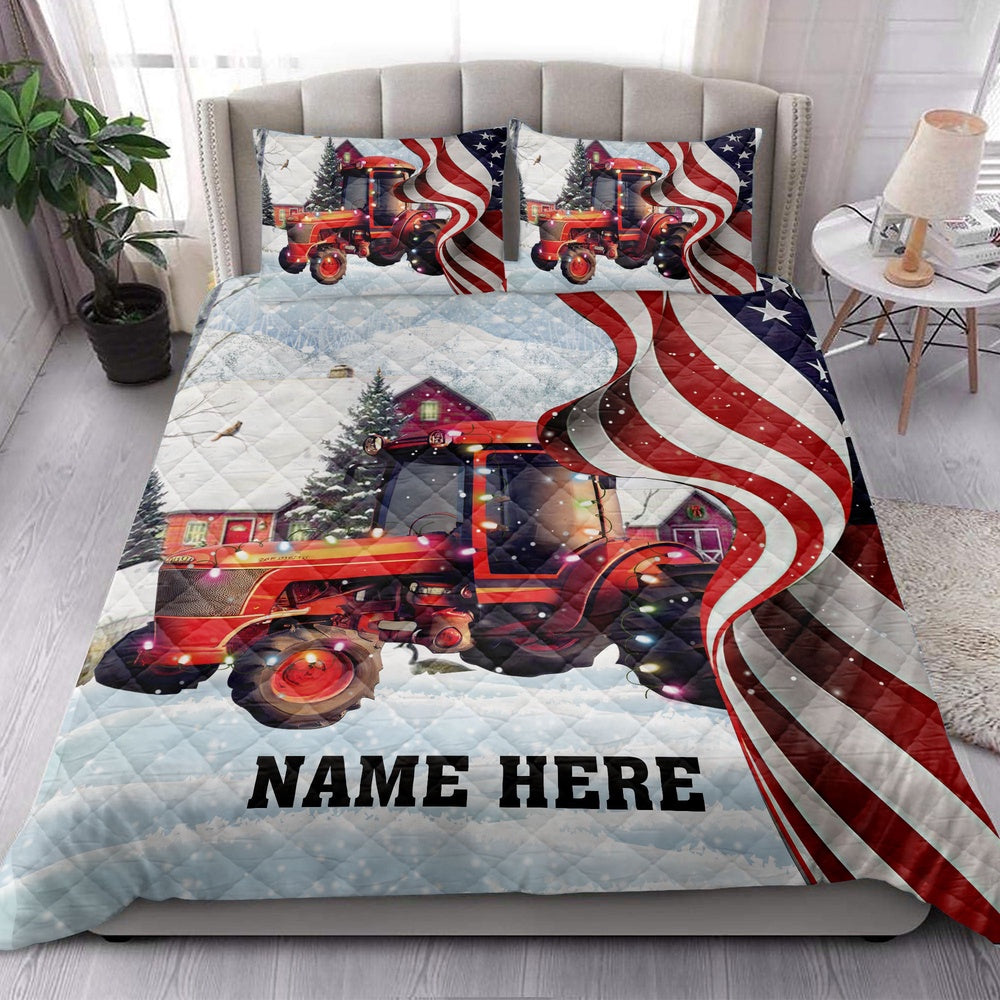 Personalized Tractor Quilt Set, Red Tractormas String Light Us Flag Quilt Blanket