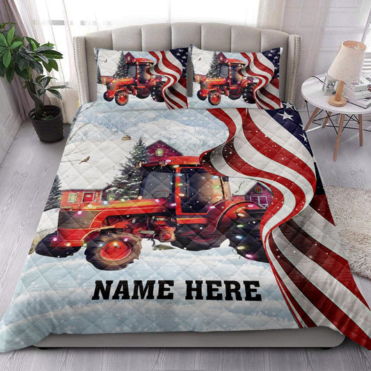 Personalized Tractor Quilt Set, Red Tractormas String Light Us Flag Quilt Blanket