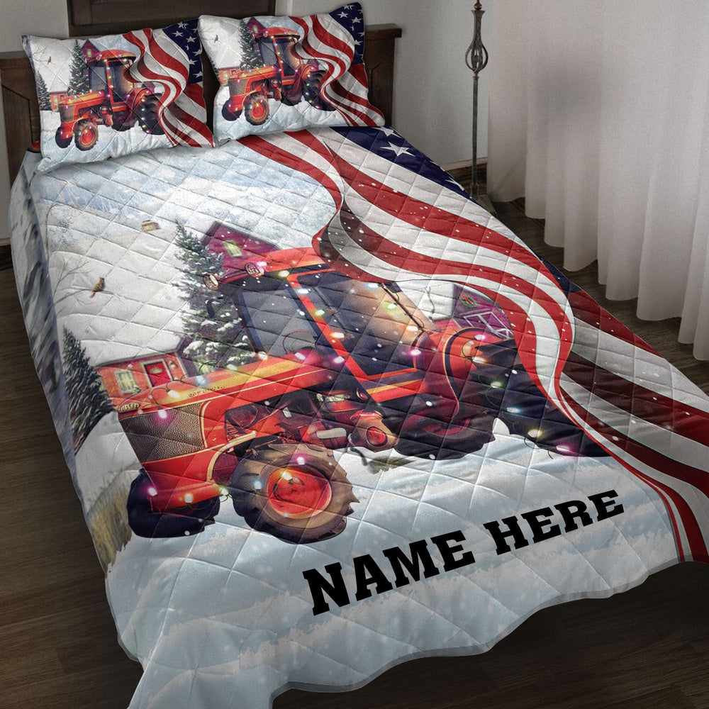 Personalized Tractor Quilt Set, Red Tractormas String Light Us Flag Quilt Blanket