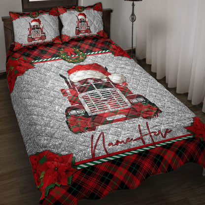 Personalized Trucker Quilt Set, Christmas Red Plaid Truck Santa Hat Trucker Quilt Blanket