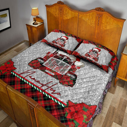 Personalized Trucker Quilt Set, Christmas Red Plaid Truck Santa Hat Trucker Quilt Blanket